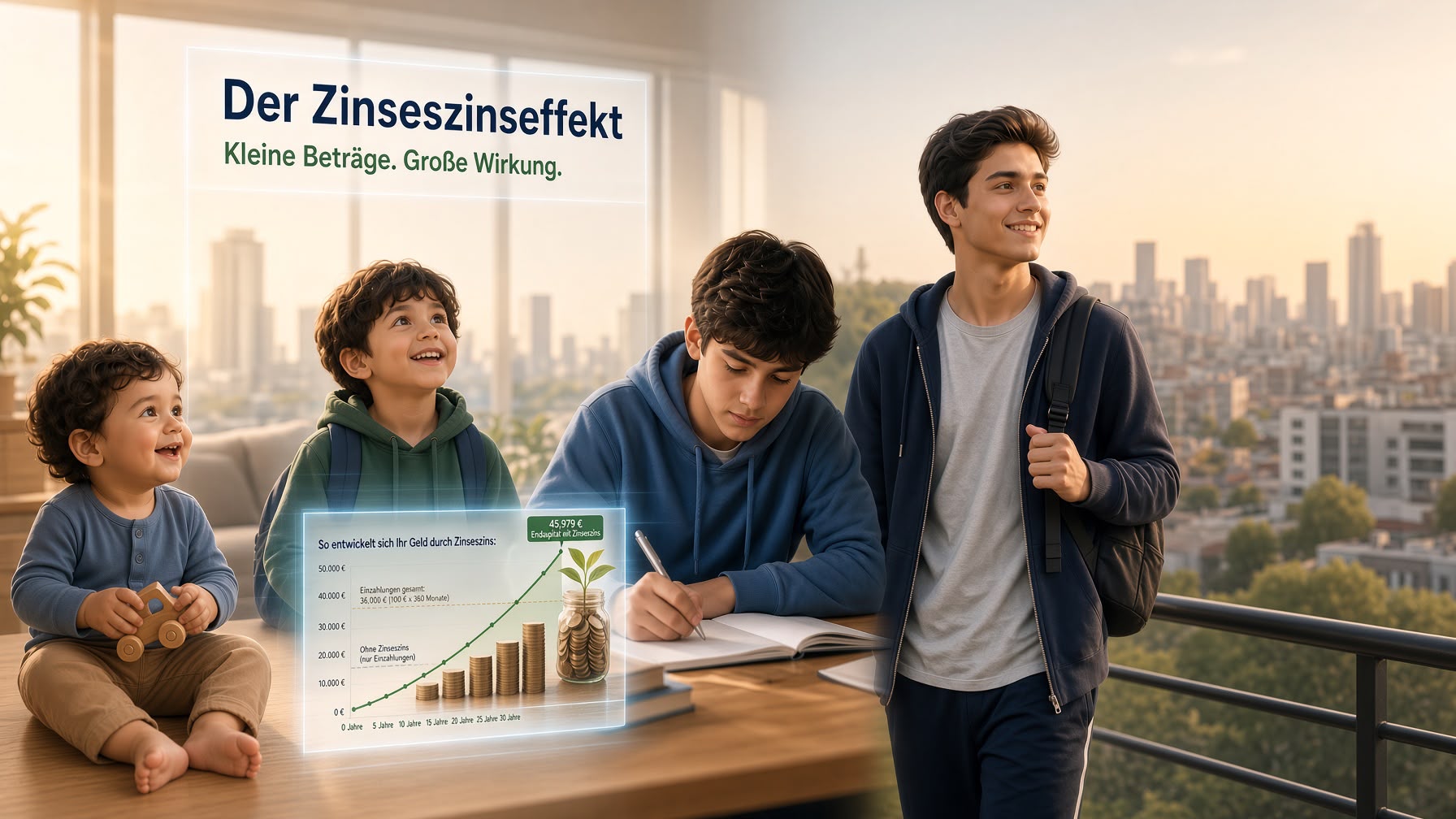KinderPolice und Zinseszins — aus kleinen monatlichen Beträgen wächst über 18 Jahre ein Startkapital