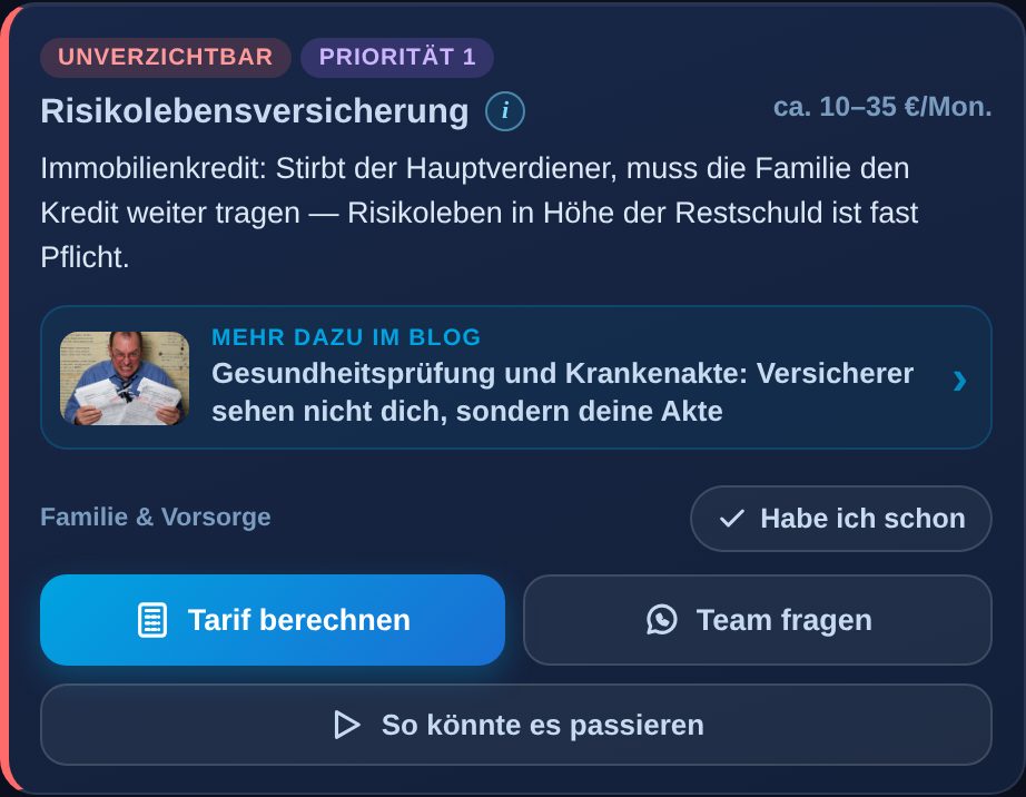Karte „Risikolebensversicherung“ in der VERO Sim Auswertung mit Stufe Unverzichtbar, Priorität 1, Richtwert, Begründung und drei Wegen