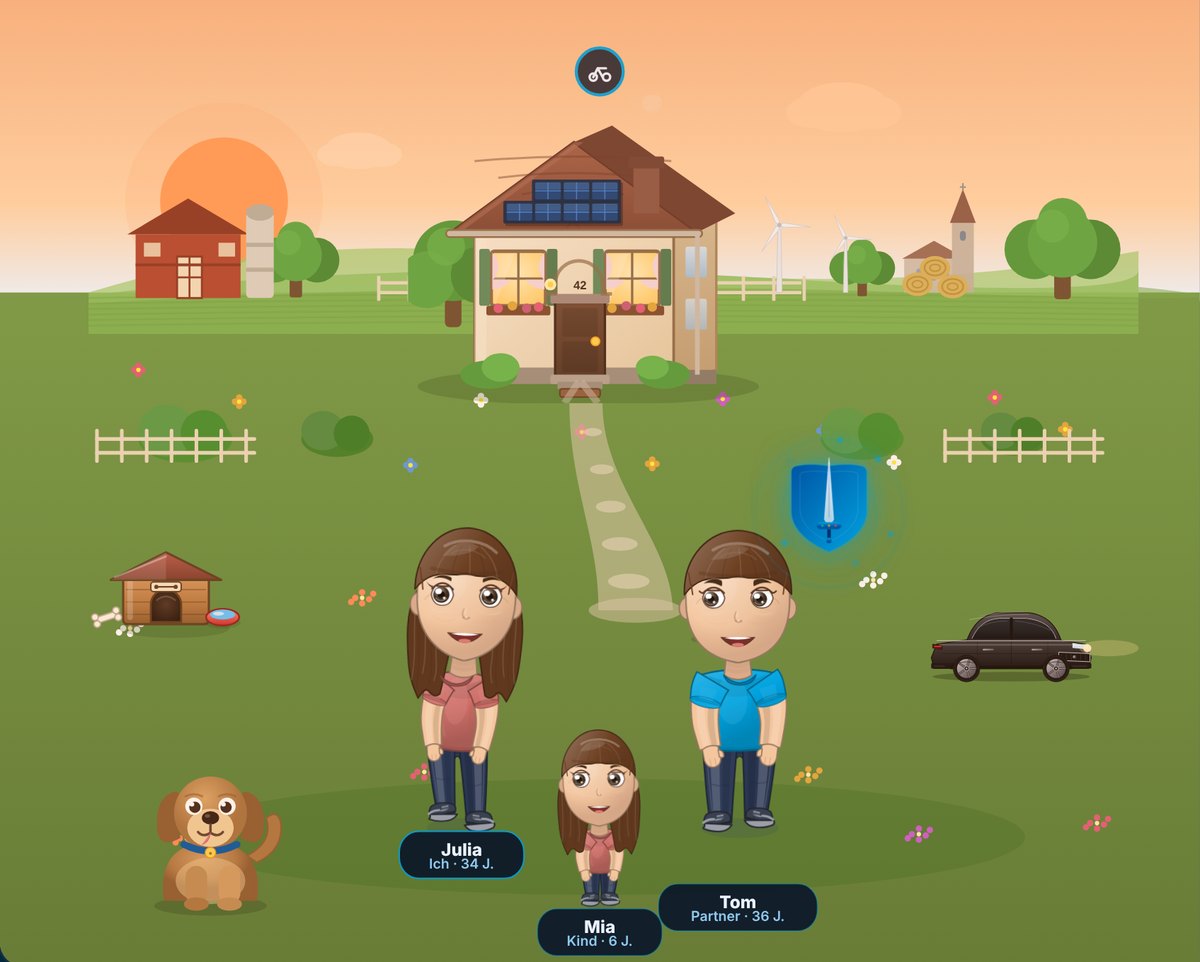 Bühne des VERO Sim am Abend: Familie mit Kind und Hund vor dem Haus mit Solaranlage, Garage und Auto