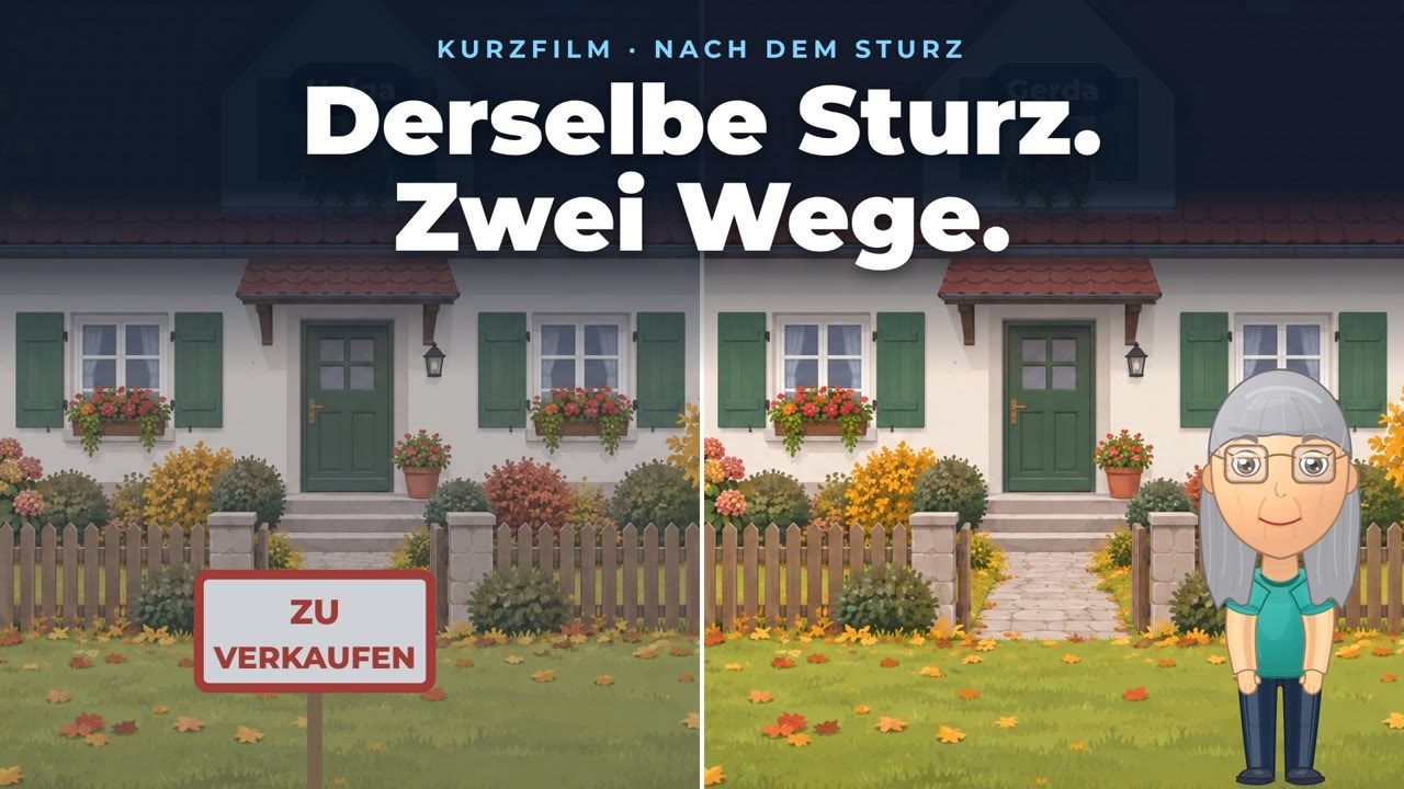 Derselbe Sturz. Zwei Wege. – Zwei gleiche Häuser nebeneinander: vor dem einen steht ein Schild „Zu verkaufen“, vor dem anderen steht Gerda.