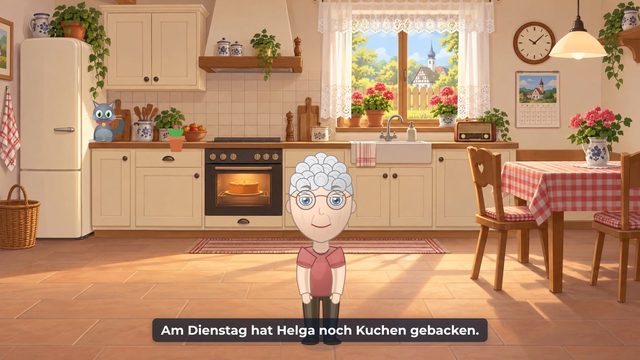 Helga steht in ihrer hellen Küche, im Ofen backt ein Kuchen.