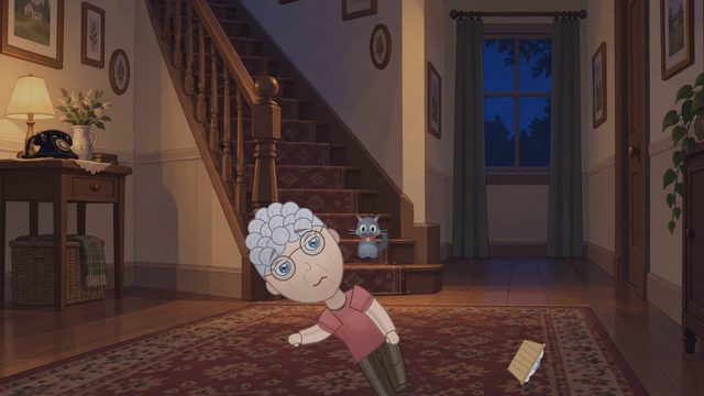 Helga liegt nach dem Sturz im dunklen Flur am Fuß der Treppe.
