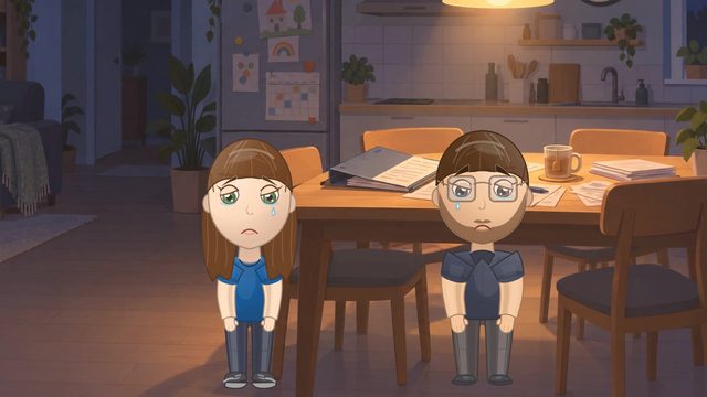 Sandra und ein Angehöriger stehen spätabends traurig am Küchentisch voller Ordner und Formulare.
