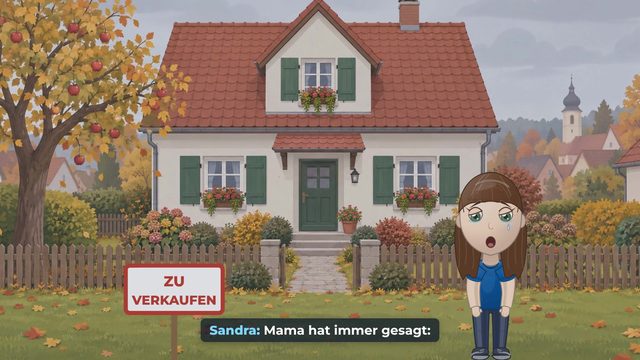 Sandra steht vor ihrem Elternhaus, im Vorgarten steckt ein Schild „Zu verkaufen“.