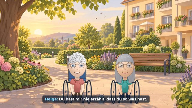 Helga und Gerda sitzen im Rollstuhl nebeneinander in einem sonnigen Garten.