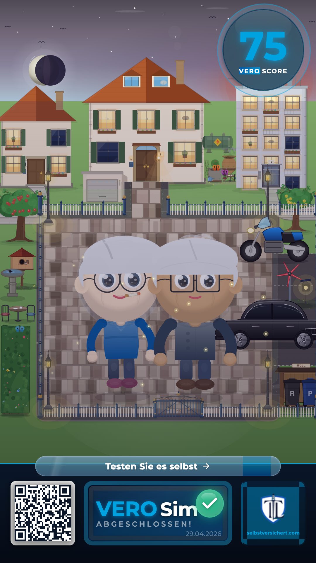 VERO-Sim-Ergebnisbild von Gerda und Heinz, Ehepaar im Ruhestand, mit Auto und Motorrad