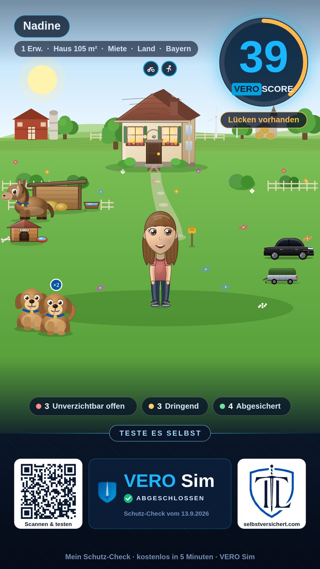 Post aus dem VERO Sim: Nadine mit Pferd und zwei Hunden auf dem Land, VERO Score 39
